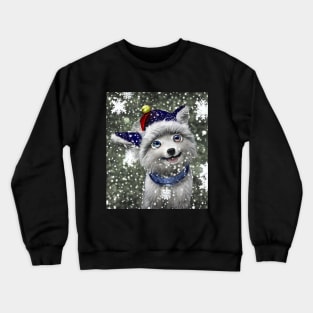 Cute fluffy anime dog with hat in snow Crewneck Sweatshirt